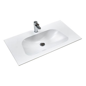 Mineralmarmor-Waschtisch - 92 cm, Weiß Glanz, Clou-Überlauf: Mineralmarmor-Waschtisch - 92 cm, Weiß Glanz, Clou-Überlauf